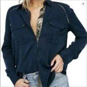 Free People Navy Blue Button Down Western style Shirt w/Metallic Trim Size Small